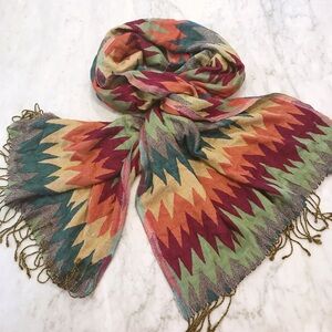 Echo Multicolor Zigzag Fringe Scarf in Red, Orange, Green, Teal, Gold
